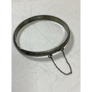 Vintage Silver Toned Etched Bangle Bracelet w/ Safety Chain